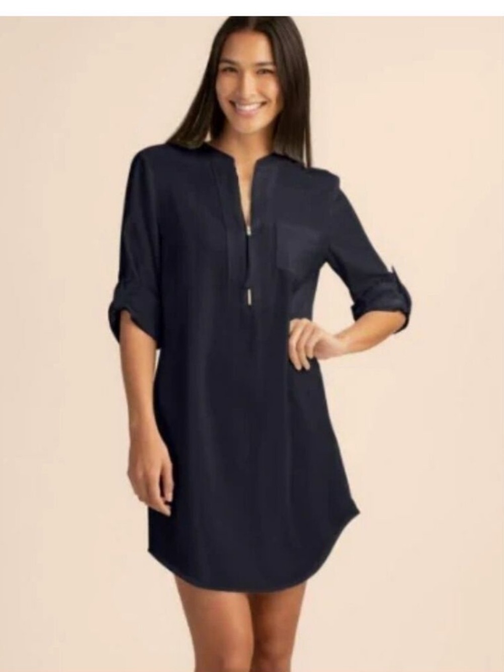 TRINA TURK KAIKO NAVY CREPE SHIFT SHIRTDRESS ZIP FRONT GOLD HARDWARE SIZE MEDIUM